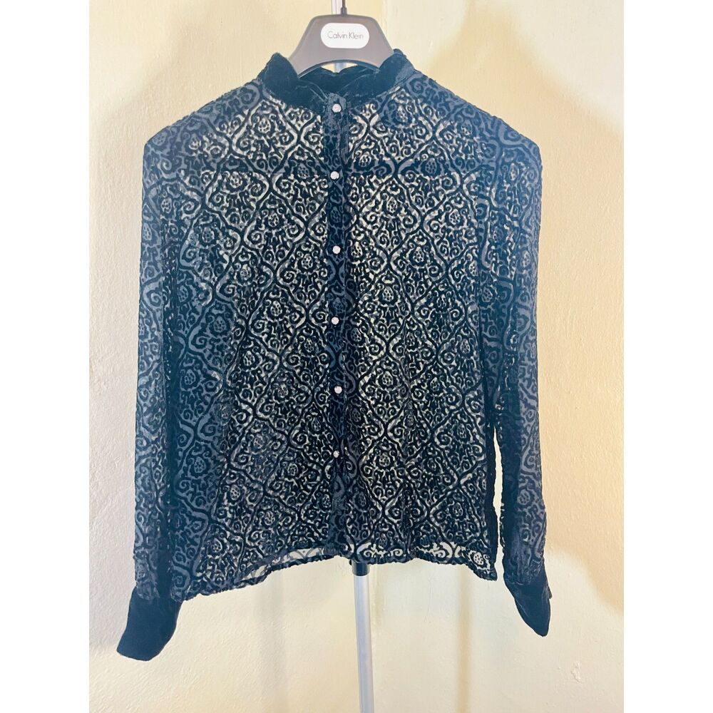 VTG J.H. Collectibles Black & Tan Damask Pattern Sheer Blouse - Size M